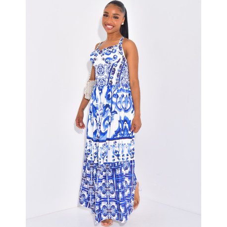 Langes Korsagenkleid mit blauem Musterdruck