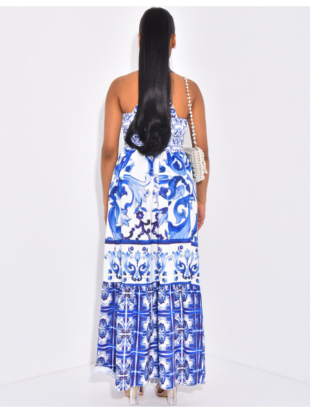 Langes Korsagenkleid mit blauem Musterdruck
