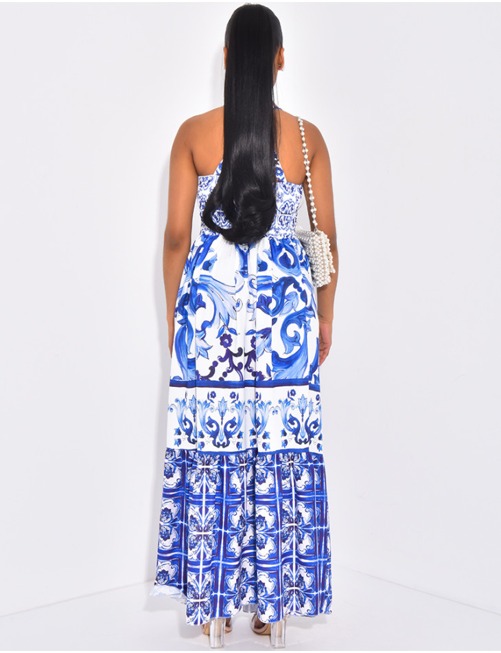 Langes Korsagenkleid mit blauem Musterdruck