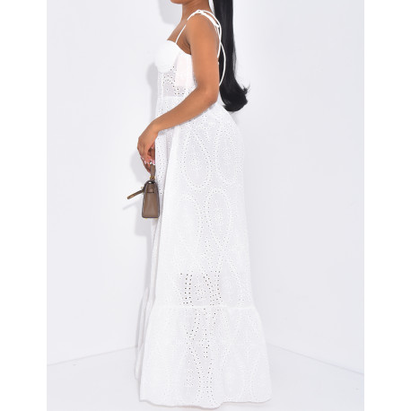 Long flared corset dress in embroidered cotton