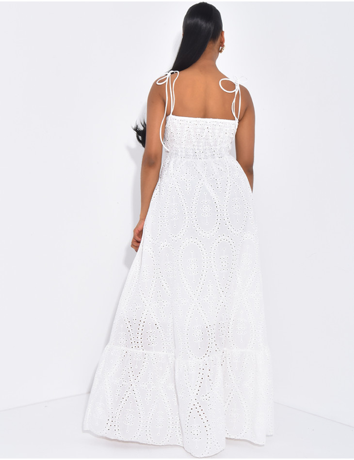 Long flared corset dress in embroidered cotton