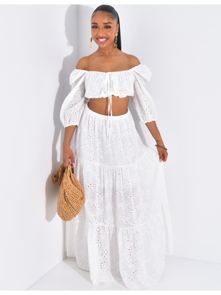 Set aus langem Rock und besticktem Crop-Top aus Baumwolle