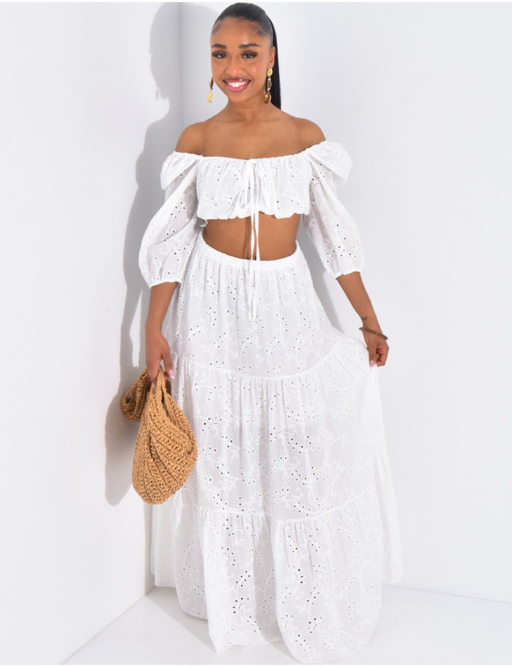 Set aus langem Rock und besticktem Crop-Top aus Baumwolle