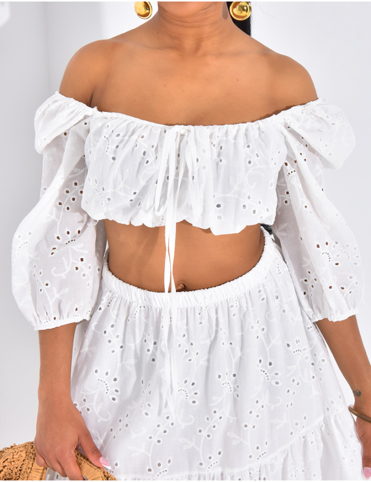 Set aus langem Rock und besticktem Crop-Top aus Baumwolle