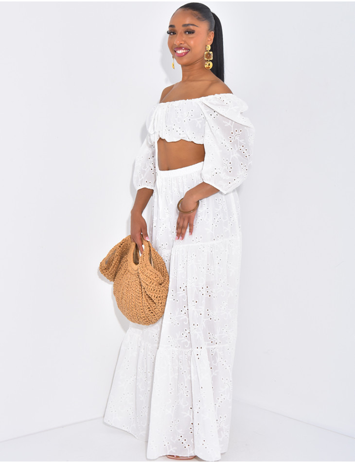 Set aus langem Rock und besticktem Crop-Top aus Baumwolle