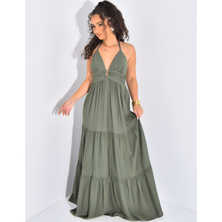 Long linen-look dress with thin straps