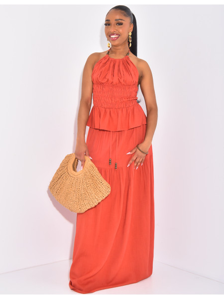 Set aus langem Rock und bauchfreiem Top aus Leinen mit offenem Rücken