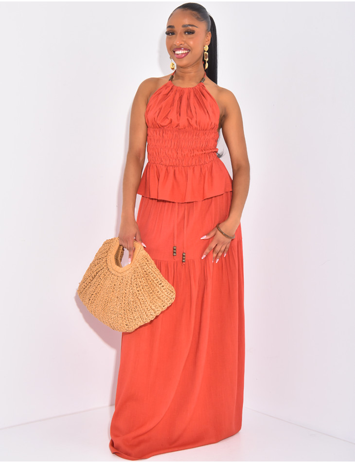 Set aus langem Rock und bauchfreiem Top aus Leinen mit offenem Rücken