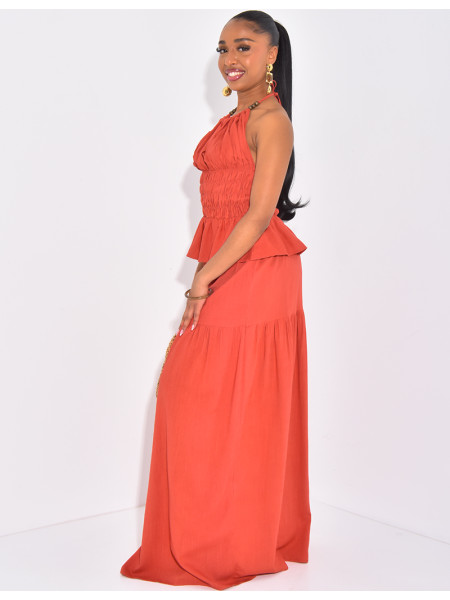 Set aus langem Rock und bauchfreiem Top aus Leinen mit offenem Rücken