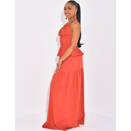 Set aus langem Rock und bauchfreiem Top aus Leinen mit offenem Rücken