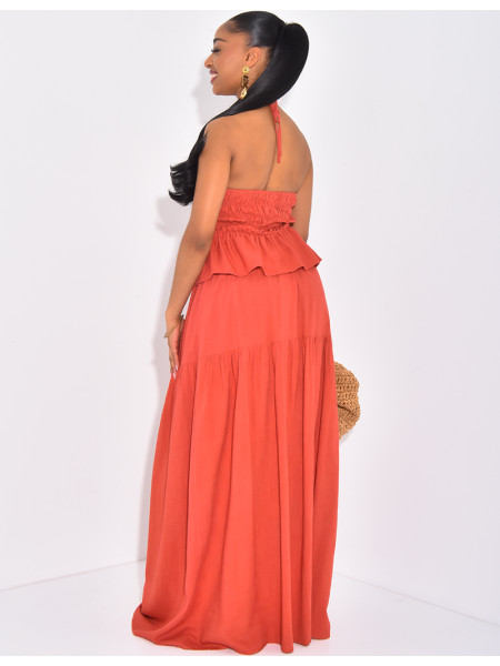 Set aus langem Rock und bauchfreiem Top aus Leinen mit offenem Rücken