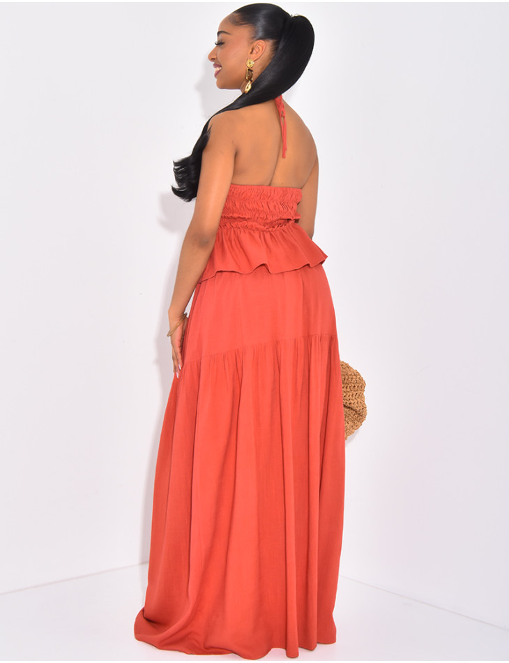 Set aus langem Rock und bauchfreiem Top aus Leinen mit offenem Rücken