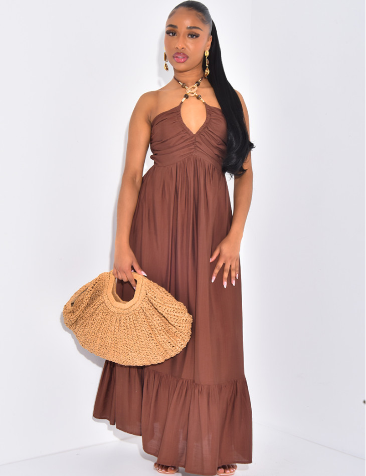 Robe longue évasée à collier intégré