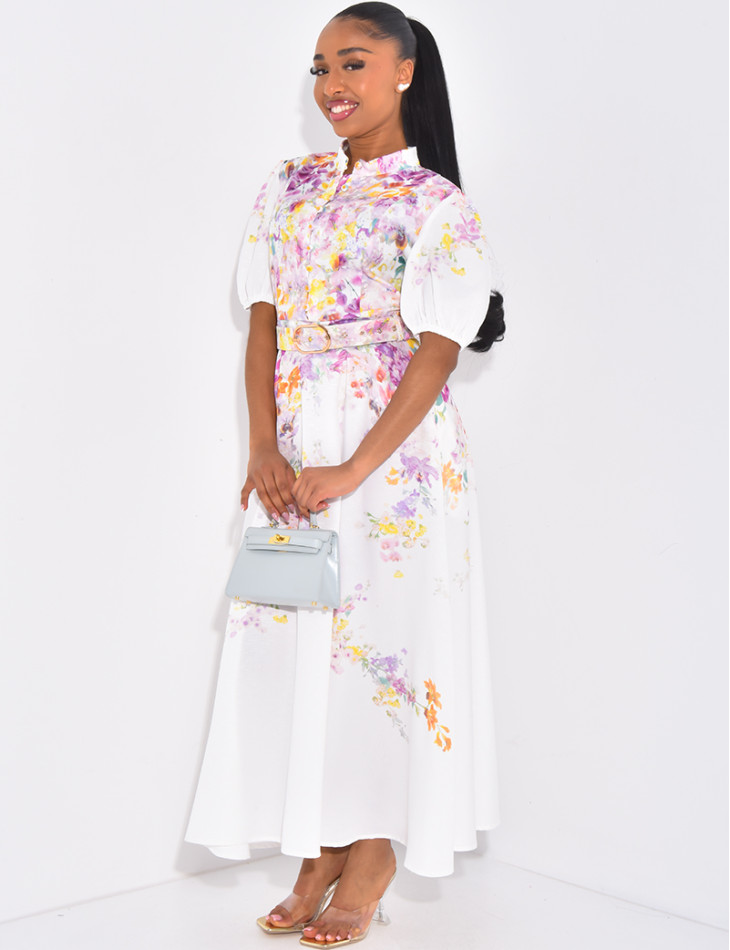 Long, flared shirt dress with floral pattern and belted waist