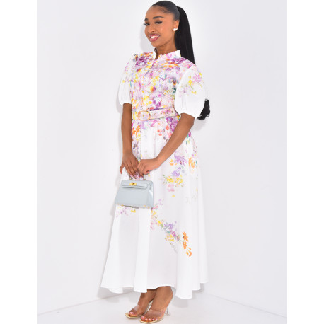 Long, flared shirt dress with floral pattern and belted waist