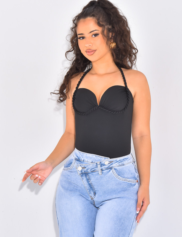 Form-fitting corset bodysuit with braided straps