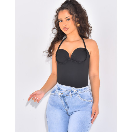 Form-fitting corset bodysuit with braided straps