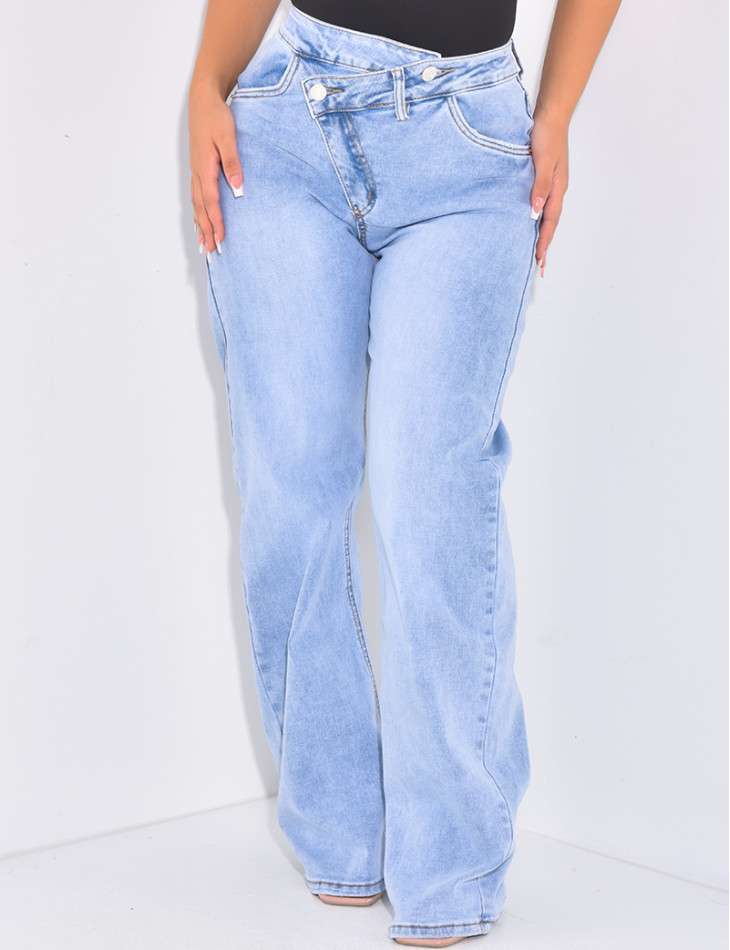 Washed-out straight-leg jeans with asymmetrical button placket