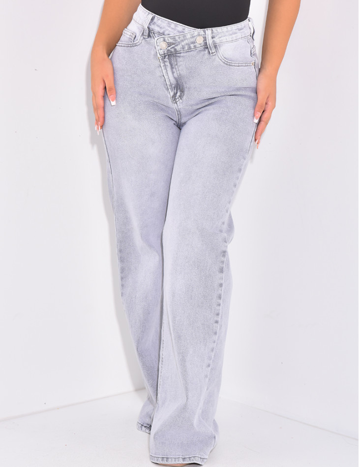 Washed-out straight-leg jeans with asymmetrical button placket