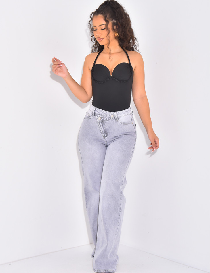 Washed-out straight-leg jeans with asymmetrical button placket