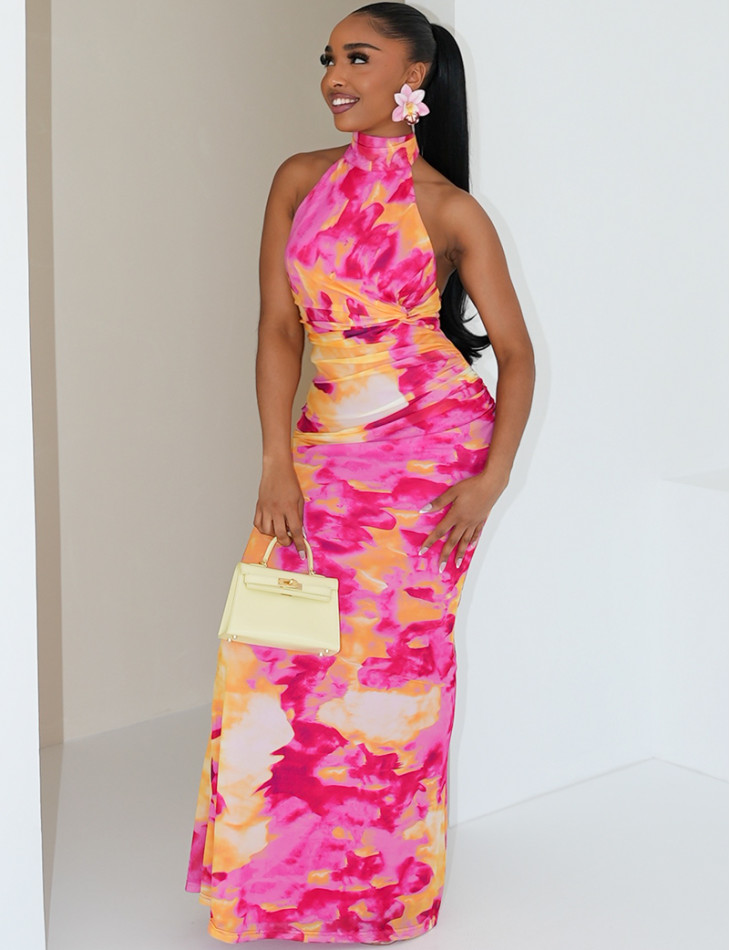 Shirred-effect printed mesh halter dress