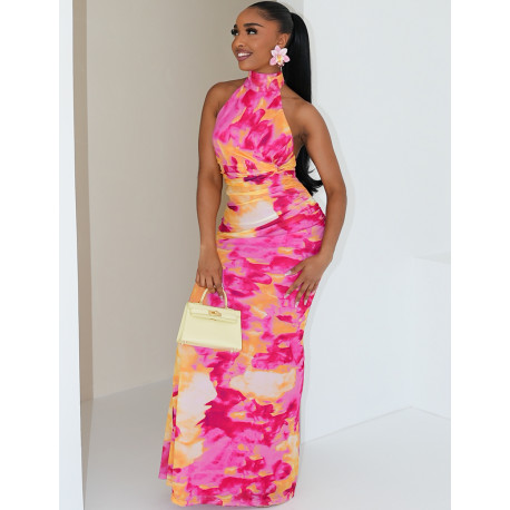 Shirred-effect printed mesh halter dress