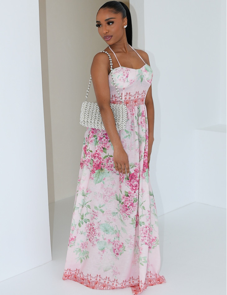 Long floral printed cotton corset dress