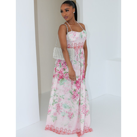 Long floral printed cotton corset dress