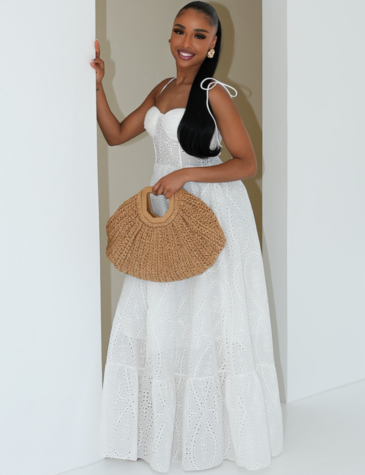 Long flared corset dress in embroidered cotton