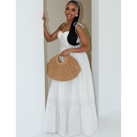 Long flared corset dress in embroidered cotton