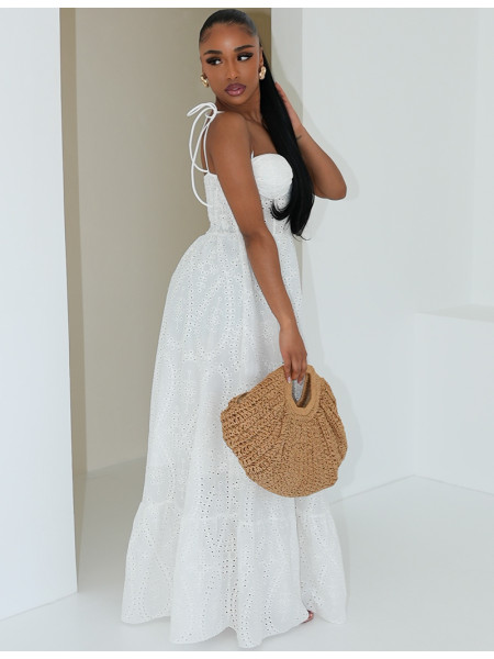 Long flared corset dress in embroidered cotton