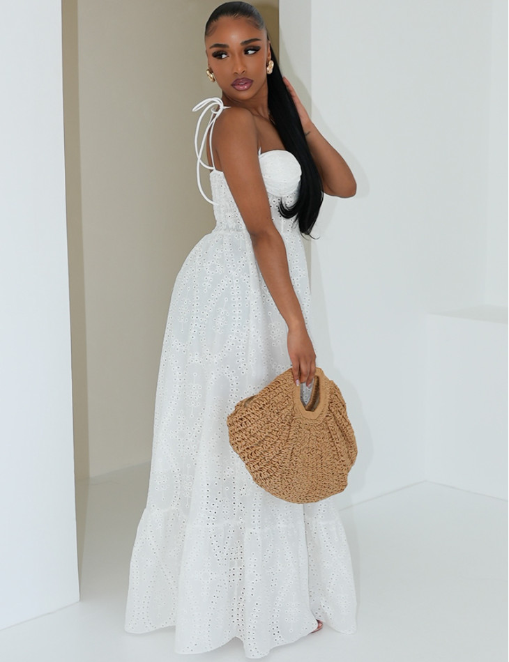 Long flared corset dress in embroidered cotton