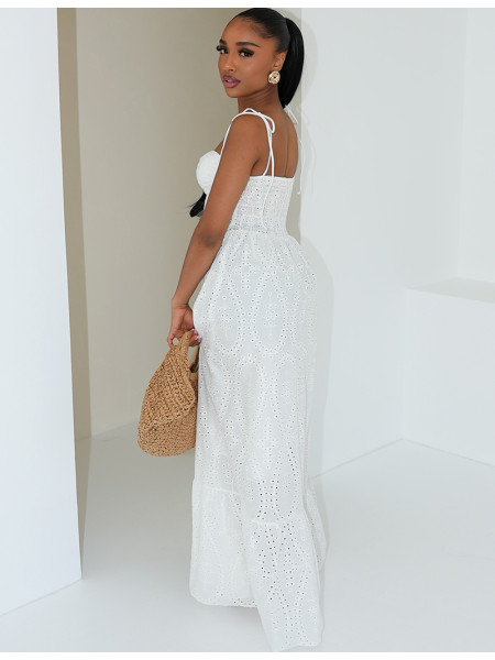 Long flared corset dress in embroidered cotton