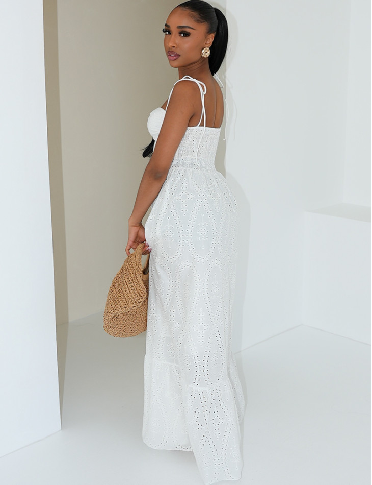 Long flared corset dress in embroidered cotton