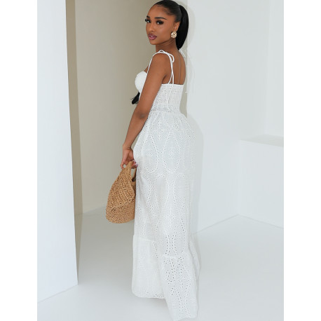 Long flared corset dress in embroidered cotton