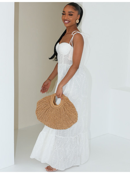 Long flared corset dress in embroidered cotton