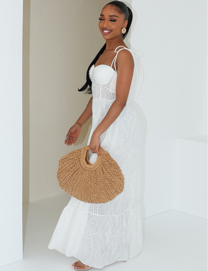 Long flared corset dress in embroidered cotton