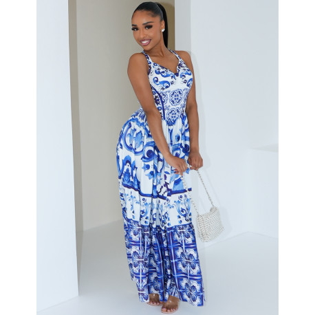 Langes Korsagenkleid mit blauem Musterdruck