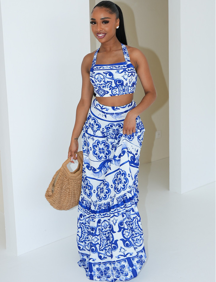 Long skirt and patterned crop top set