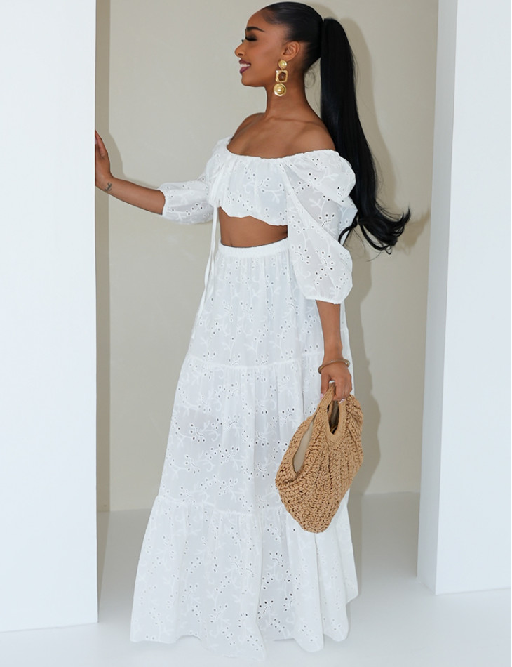 Set aus langem Rock und besticktem Crop-Top aus Baumwolle