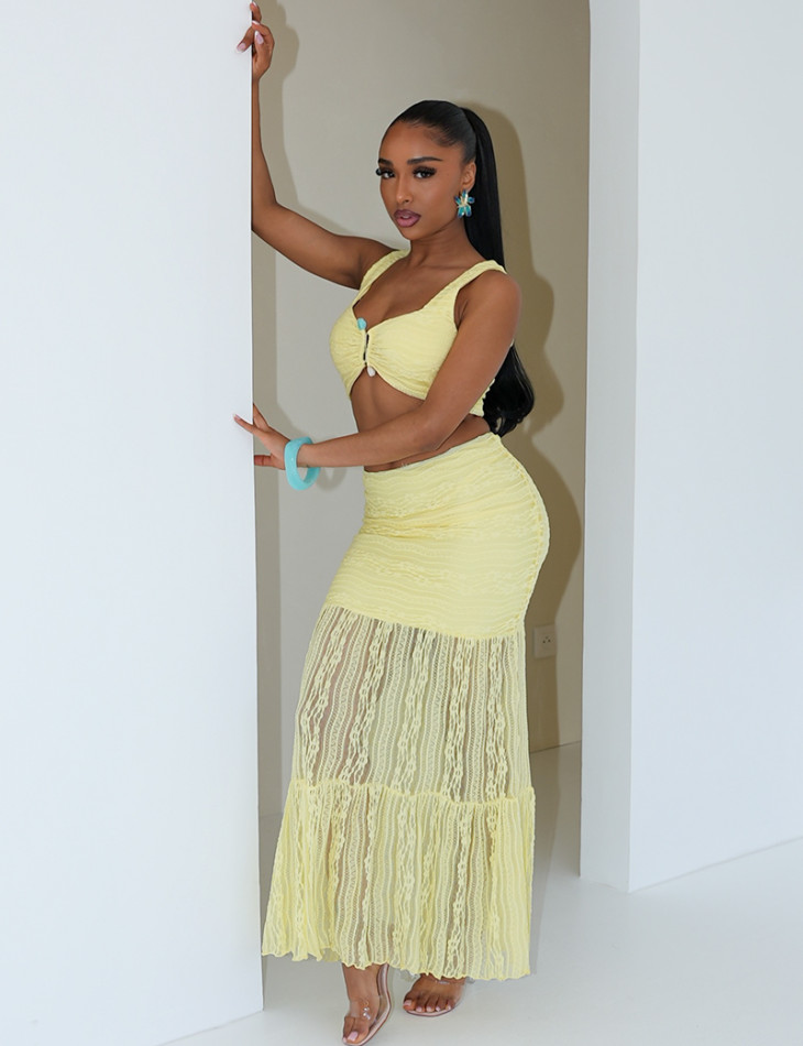 Lace crop top and long skirt set with jewel detail