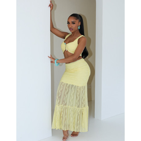 Lace crop top and long skirt set with jewel detail