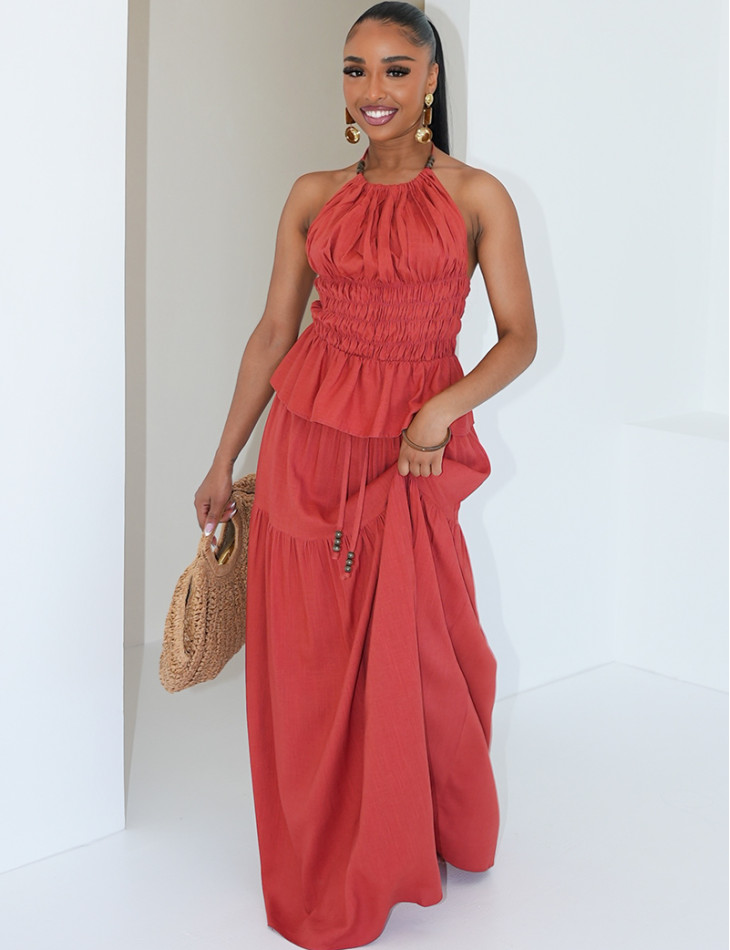 Long linen skirt and crop top set with open back