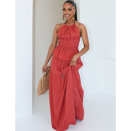 Long linen skirt and crop top set with open back