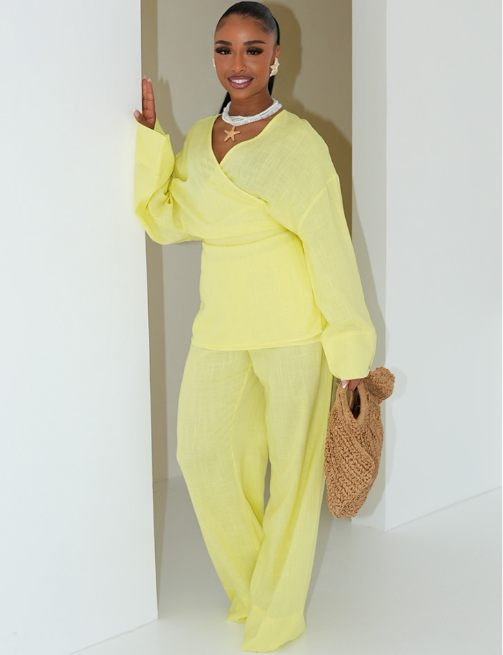 Linen pants and matching wrap shirt set