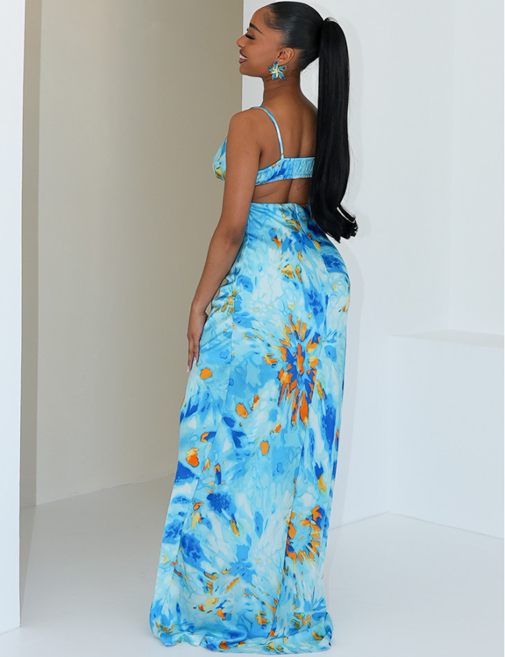 Robe longue en satin imprimé à nouer