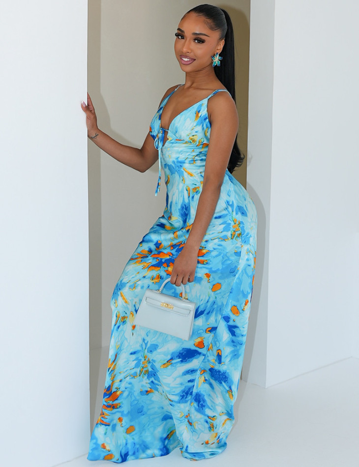Printed satin long dress with tie