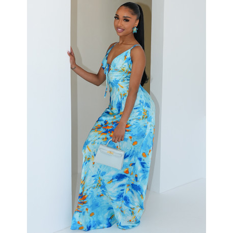 Printed satin long dress with tie