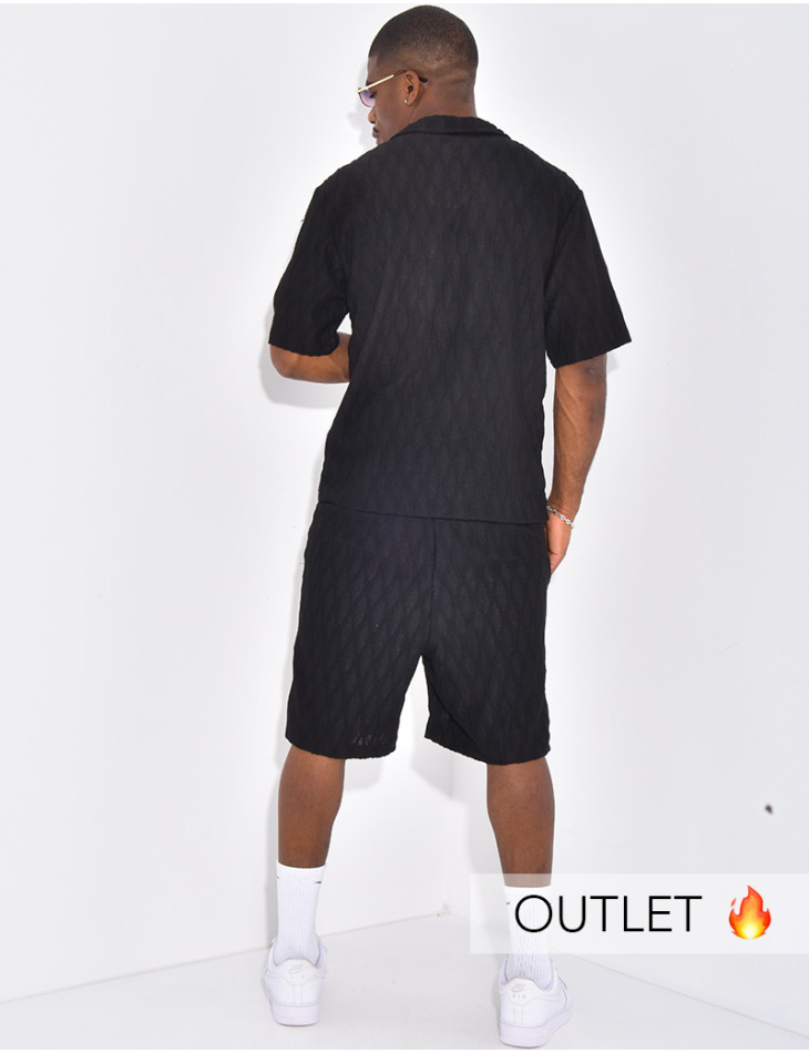 Ensemble texturé short et chemise manches à motifs vague en relief