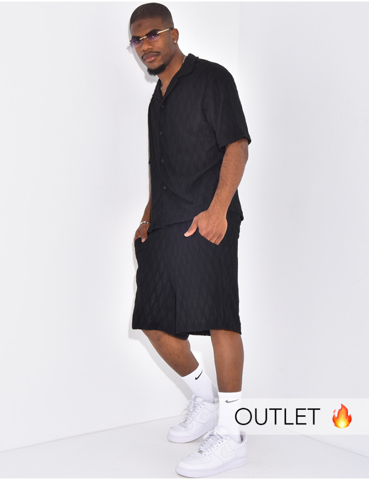 Ensemble texturé short et chemise manches à motifs vague en relief